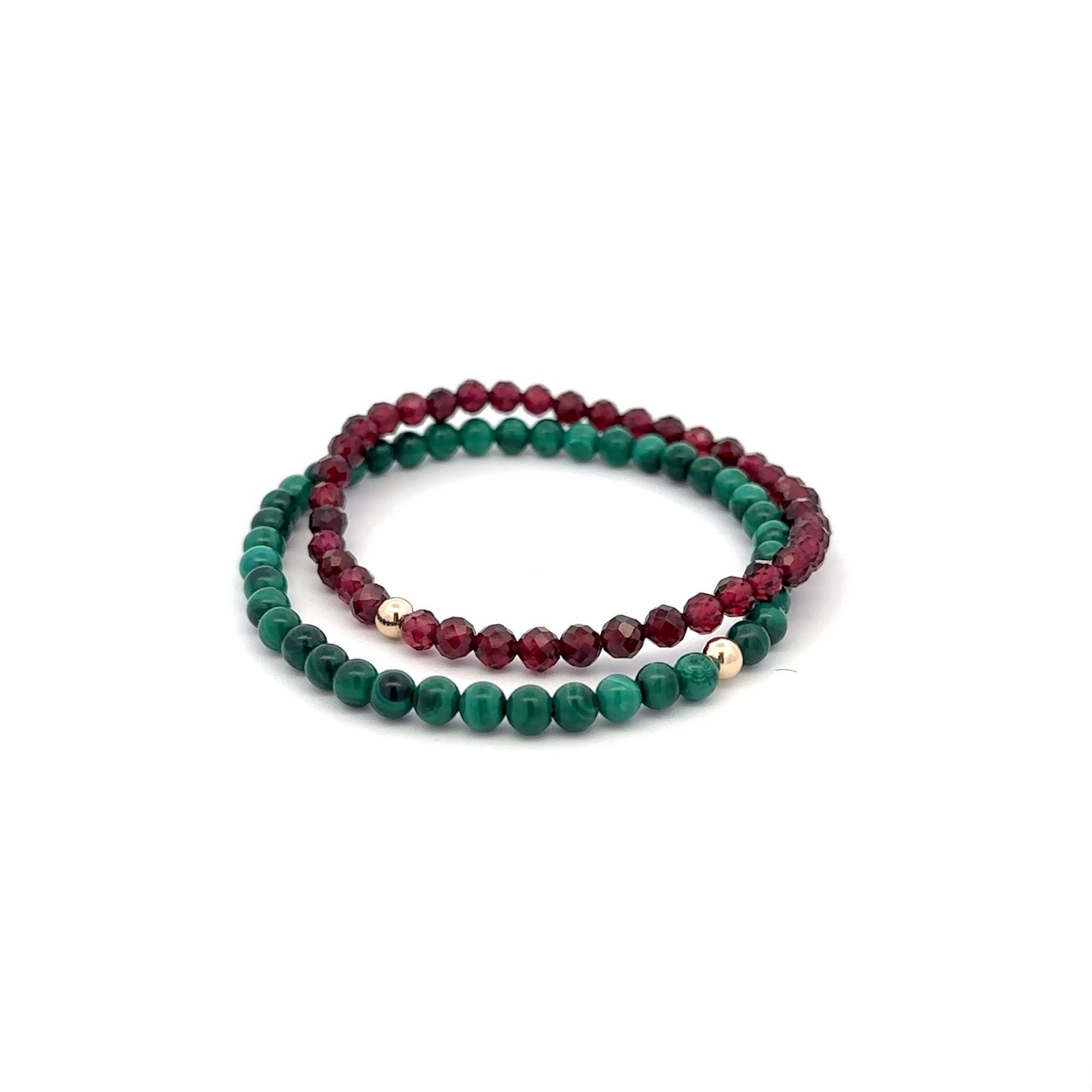 Garnet & Malachite Gemstone Stretch Bracelet with 14K Gold Accent Bead Handmade - Rafant