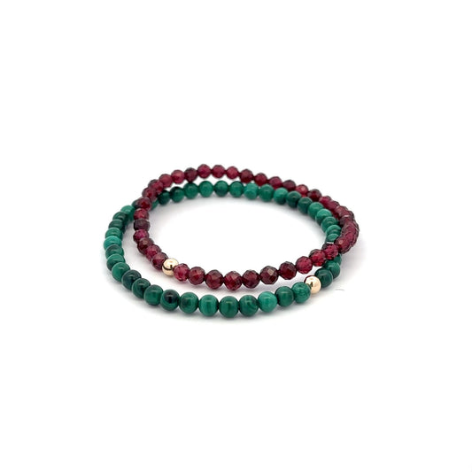 Garnet & Malachite Gemstone Stretch Bracelet with 14K Gold Accent Bead Handmade - Rafant