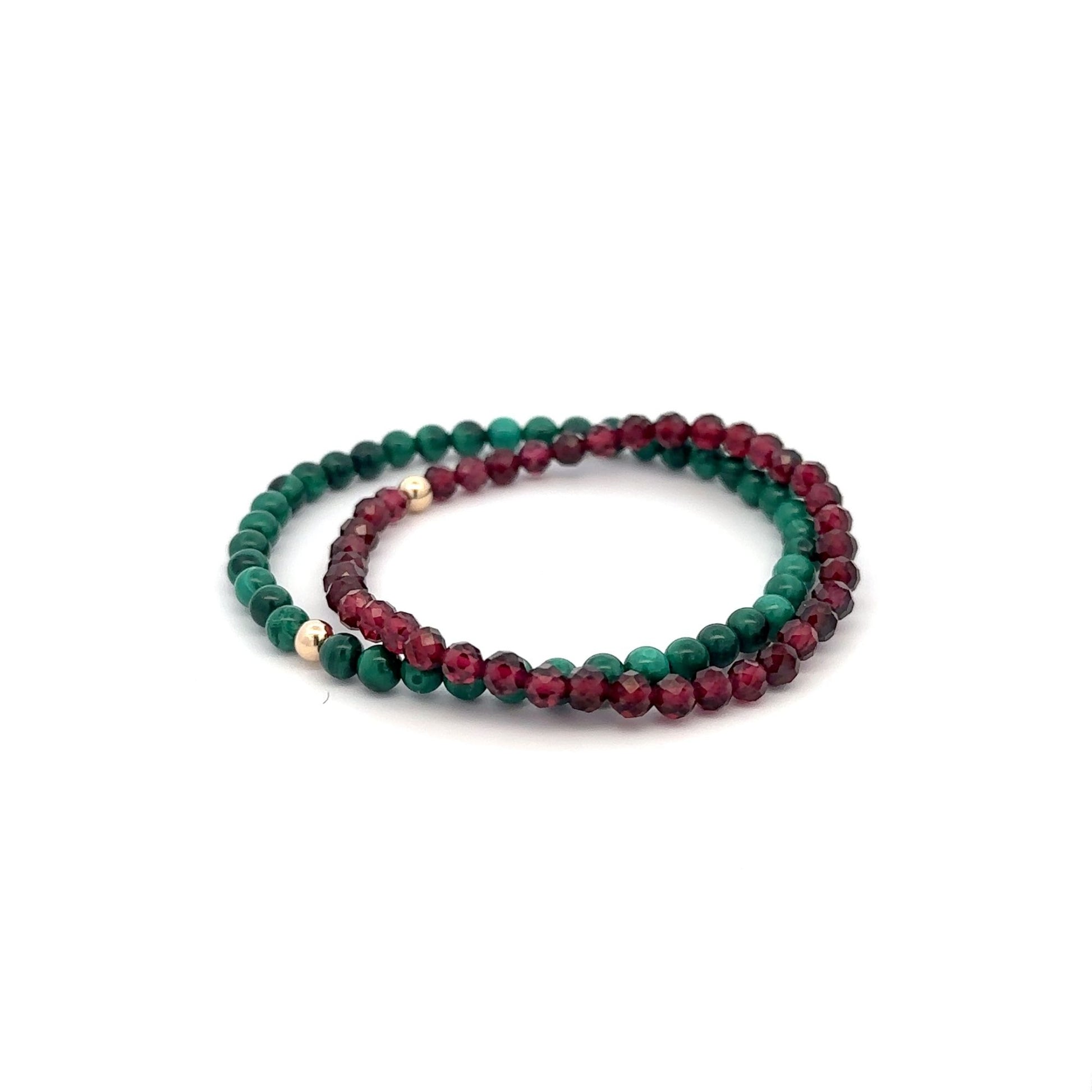 Garnet & Malachite Gemstone Stretch Bracelet with 14K Gold Accent Bead Handmade - Rafant