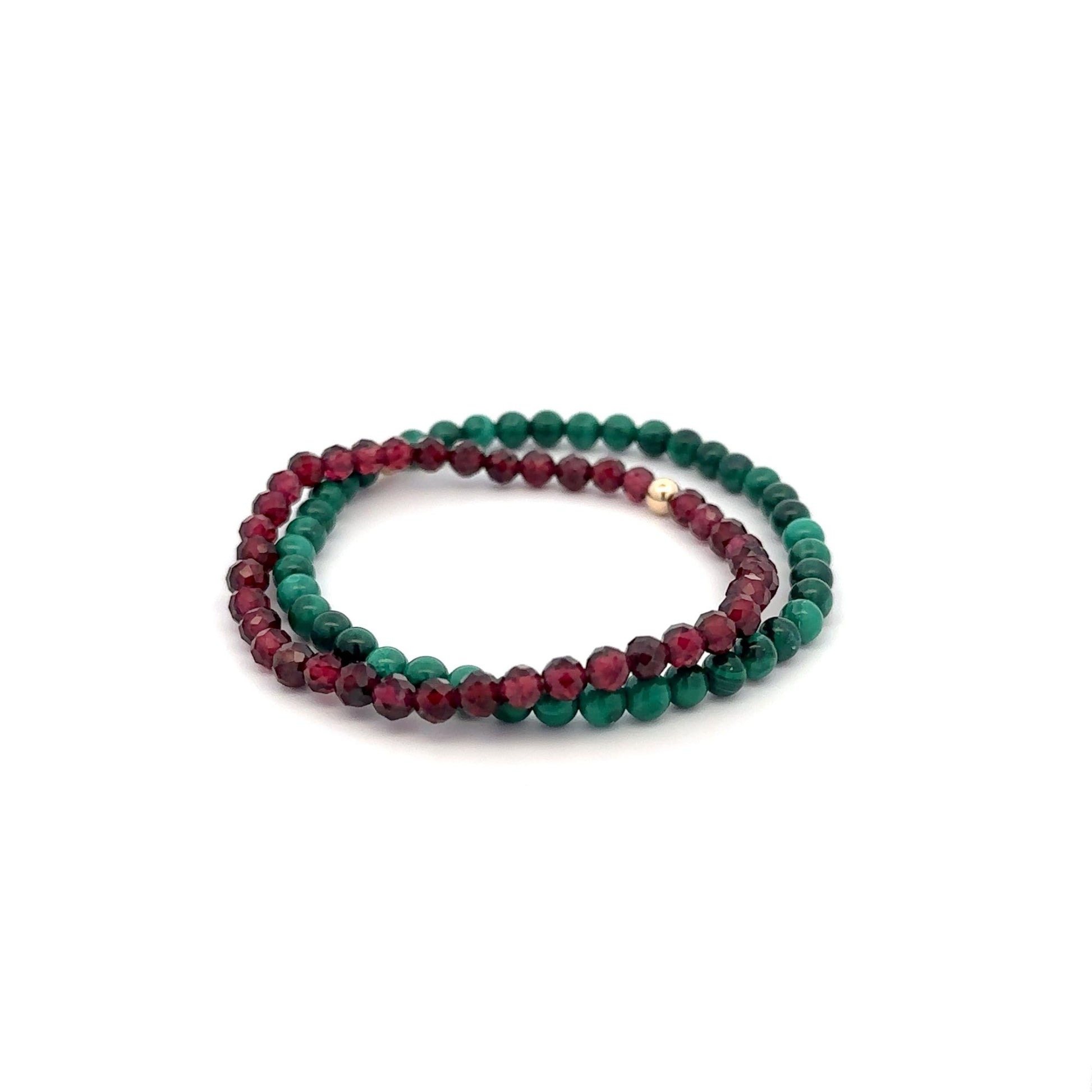 Garnet & Malachite Gemstone Stretch Bracelet with 14K Gold Accent Bead Handmade - Rafant