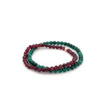 Load image into Gallery viewer, Garnet &amp; Malachite Gemstone Stretch Bracelet with 14K Gold Accent Bead Handmade
