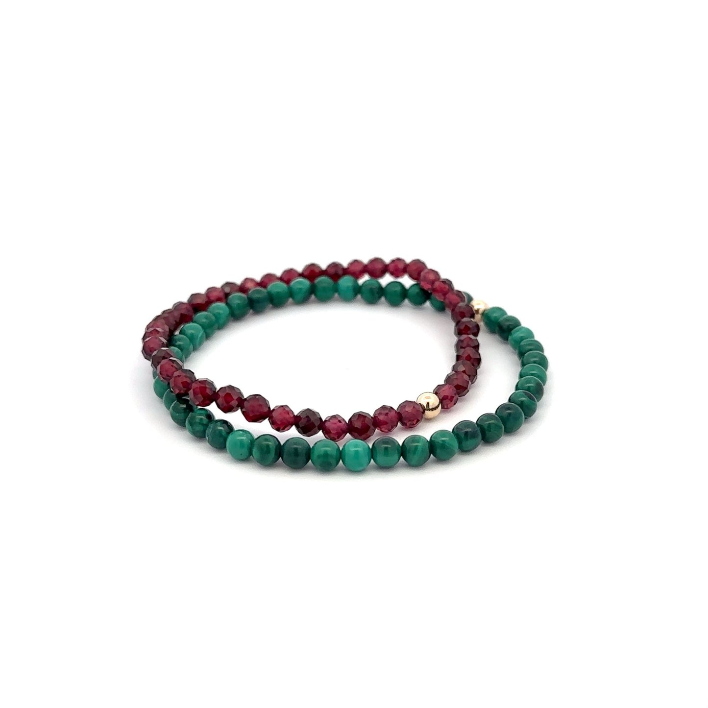 Garnet & Malachite Gemstone Stretch Bracelet with 14K Gold Accent Bead Handmade - Rafant