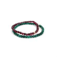 Load image into Gallery viewer, Garnet &amp; Malachite Gemstone Stretch Bracelet with 14K Gold Accent Bead Handmade

