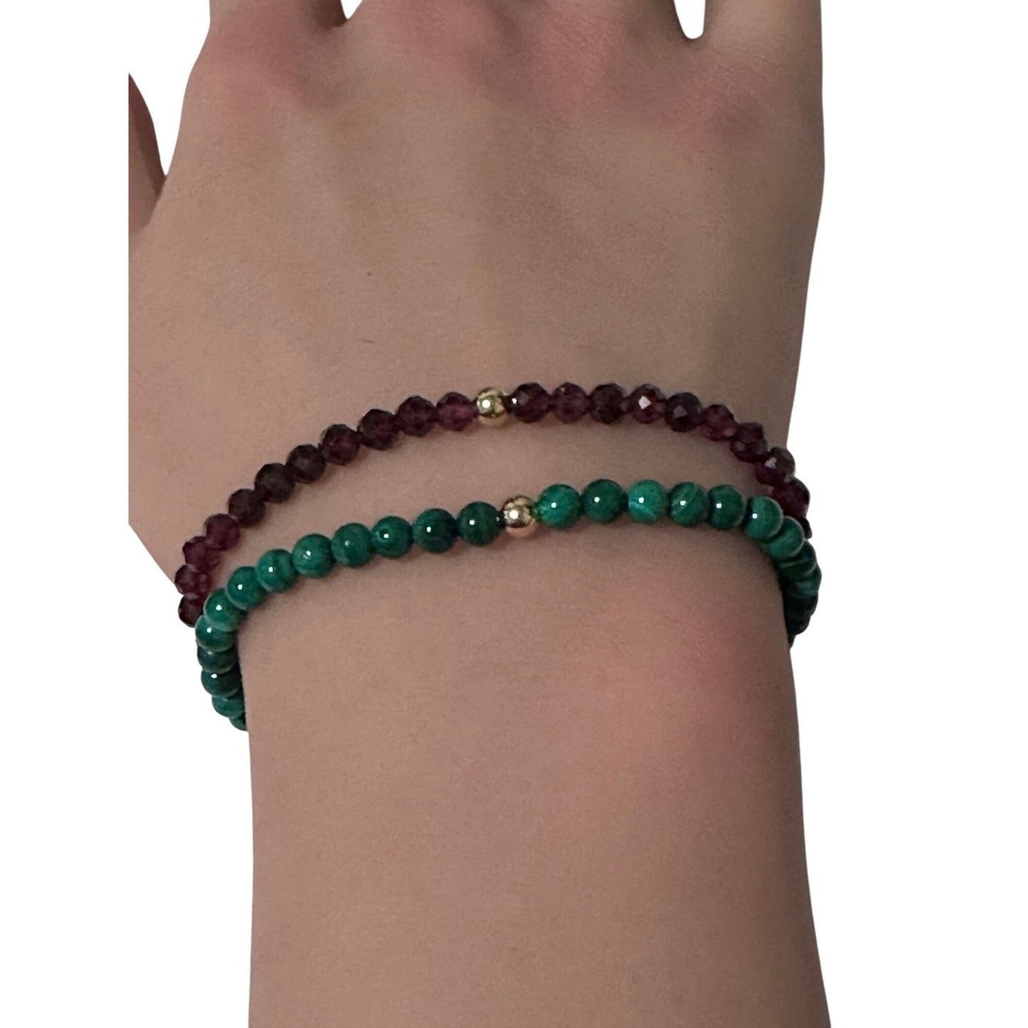 Garnet & Malachite Gemstone Stretch Bracelet with 14K Gold Accent Bead Handmade - Rafant