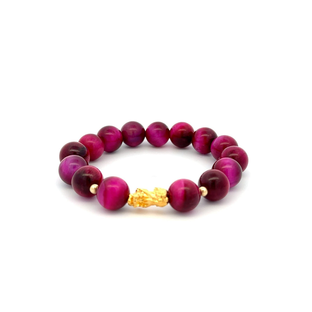 18K Gold Dragon Pixiu Piyao Lucky Bracelet Beads Gemstone Pink Tiger's Eye 10mm - Rafant
