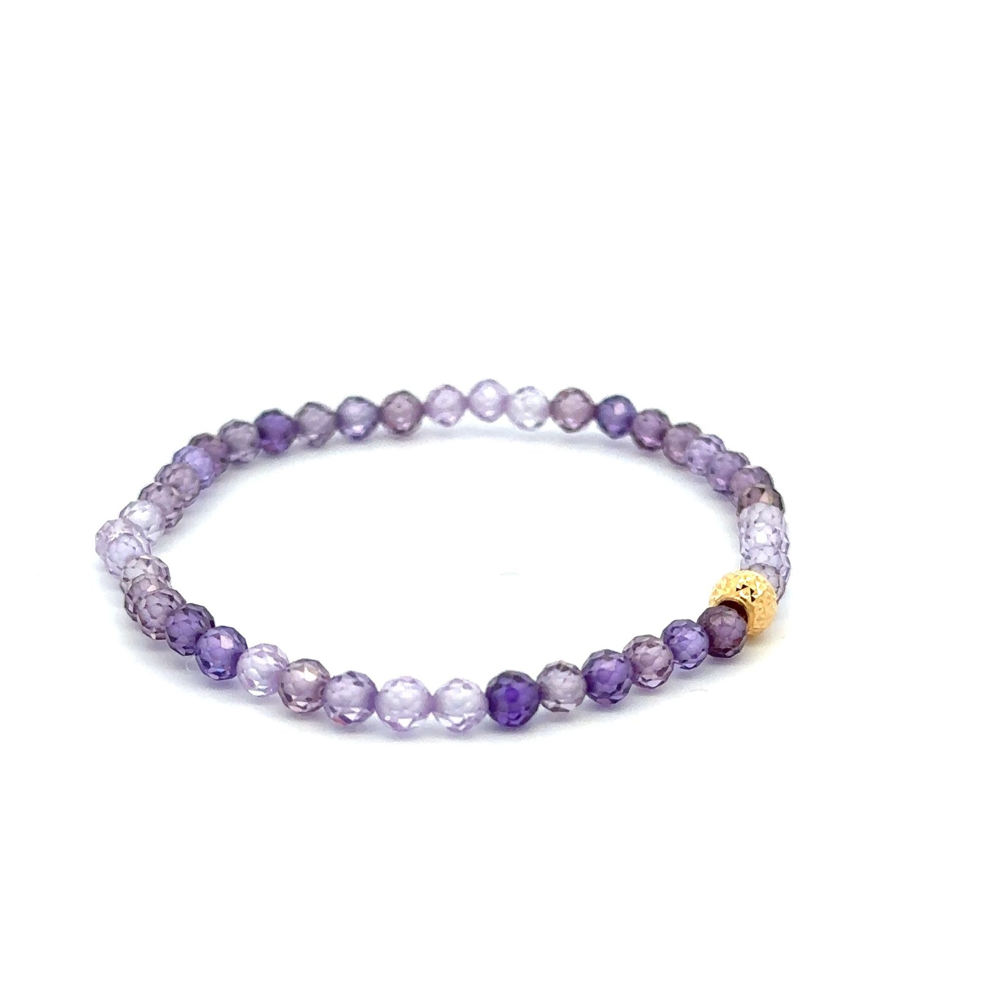 18K Gold Bead Stretchable Bracelet Purple Faceted Zircon Gemstones - Rafant