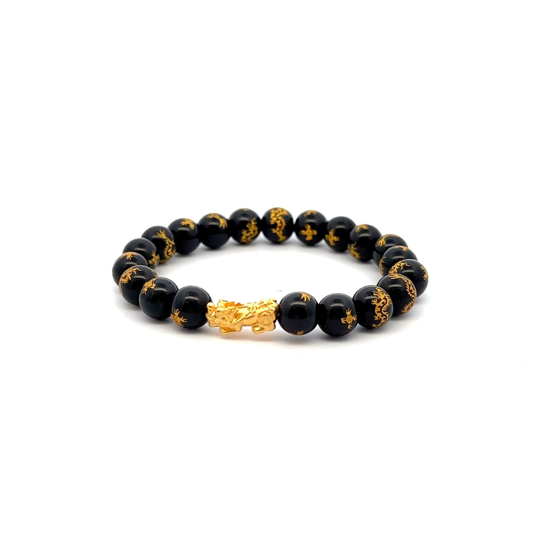 24K Gold Piyao Pixiu Lucky Charm Bracelet Gemstones Black Agate 7.5mm - Rafant