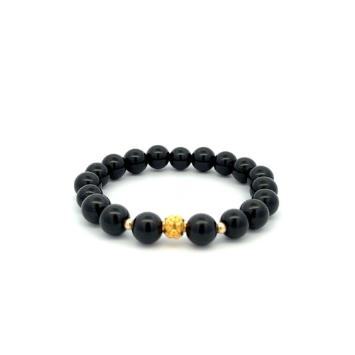 18K Gold Money Ball Lucky Bracelet Beads Gemstones Black Tourmaline 8mm - Rafant