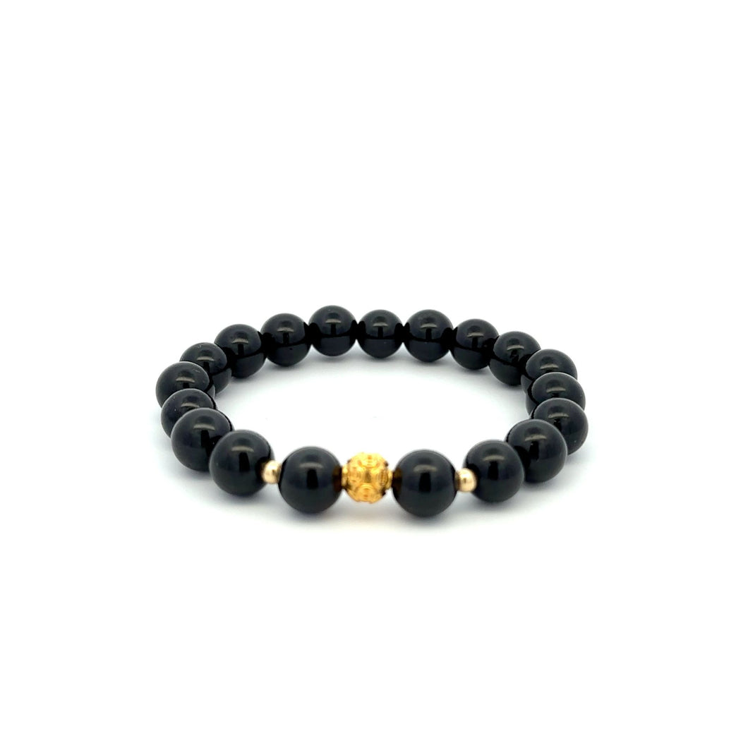 18K Gold Money Ball Lucky Bracelet Beads Gemstones Black Tourmaline 8mm - Rafant