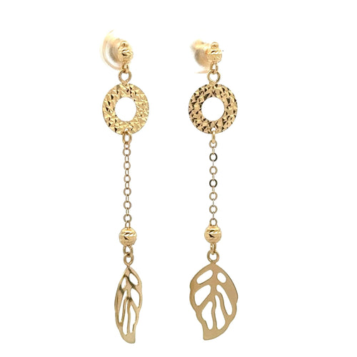 18K Gold Earrings Dangle Drop Leaf Circle 2.48 grams - Rafant