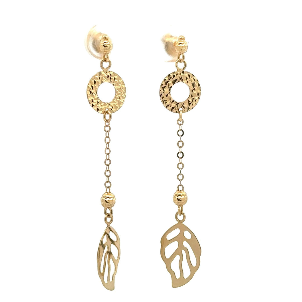 18K Gold Earrings Dangle Drop Leaf Circle 2.48 grams - Rafant