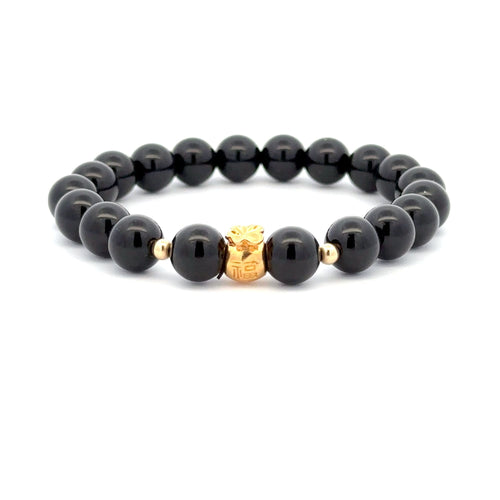 18K Gold Money Bag Lucky Charm Beads Bracelet Gemstones Onyx 8mm - Rafant