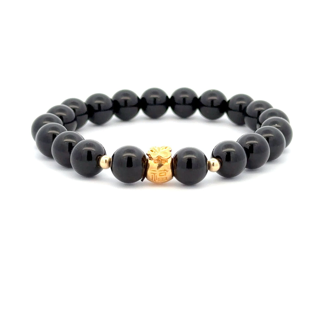 18K Gold Money Bag Lucky Charm Beads Bracelet Gemstones Onyx 8mm - Rafant