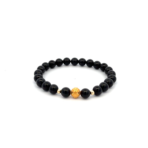 18K Gold Money Ball Lucky Charm Beads Bracelet Gemstones Natural Black Tourmaline 6mm - Rafant