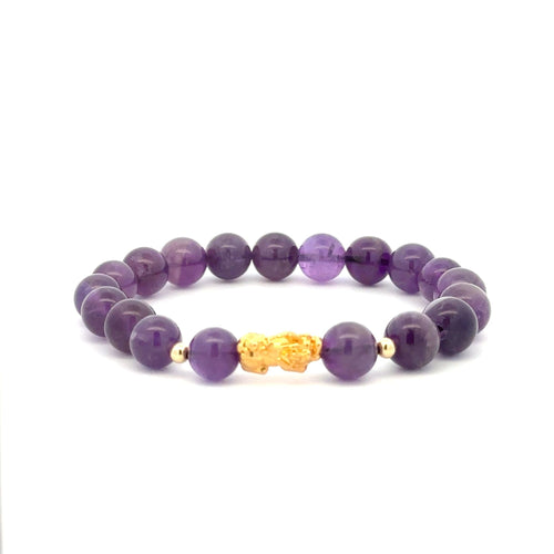 18K Gold Dragon Pixiu Piyao Lucky Charm Beads Bracelet Gemstones Amethyst 8mm - Rafant