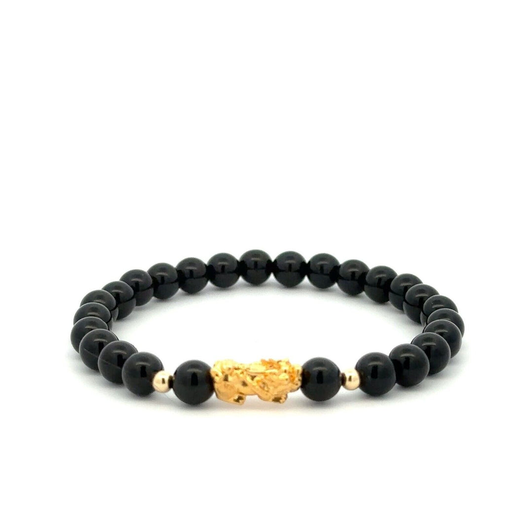 18K Gold Dragon Pixiu Piyao Lucky Charm Beads Bracelet Gemstones Obsidian 6mm - Rafant