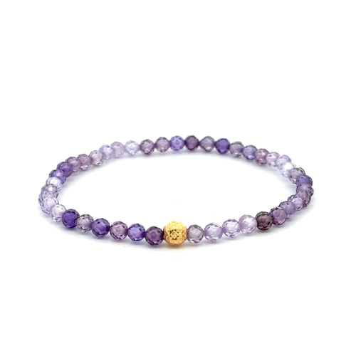 18K Gold Bead Stretchable Bracelet Purple Faceted Zircon Gemstones - Rafant