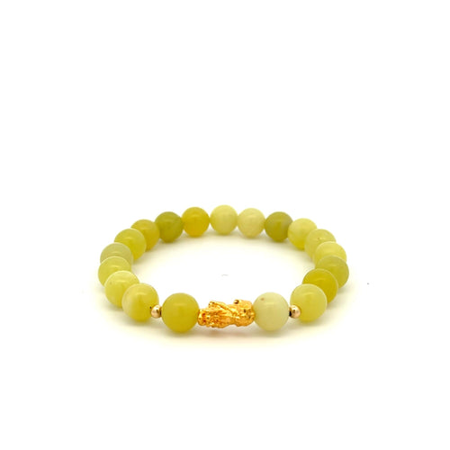 18K Gold Dragon Pixiu Piyao Lucky Charm Beads Bracelet Gemstones Lemon Jade 8mm - Rafant