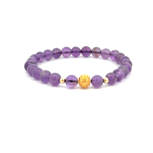 18K Gold Money Ball Lucky Charm Beads Bracelet Gemstones Amethyst 6mm - Rafant
