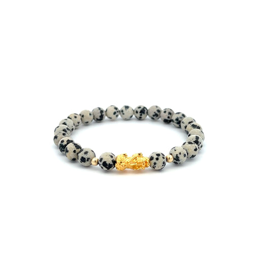 18K Gold Dragon Pixiu Piyao Lucky Bracelet Beads Gemstone Dalmatian Jasper 6mm - Rafant