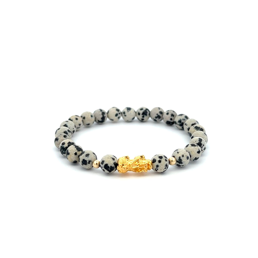 18K Gold Dragon Pixiu Piyao Lucky Bracelet Beads Gemstone Dalmatian Jasper 6mm - Rafant
