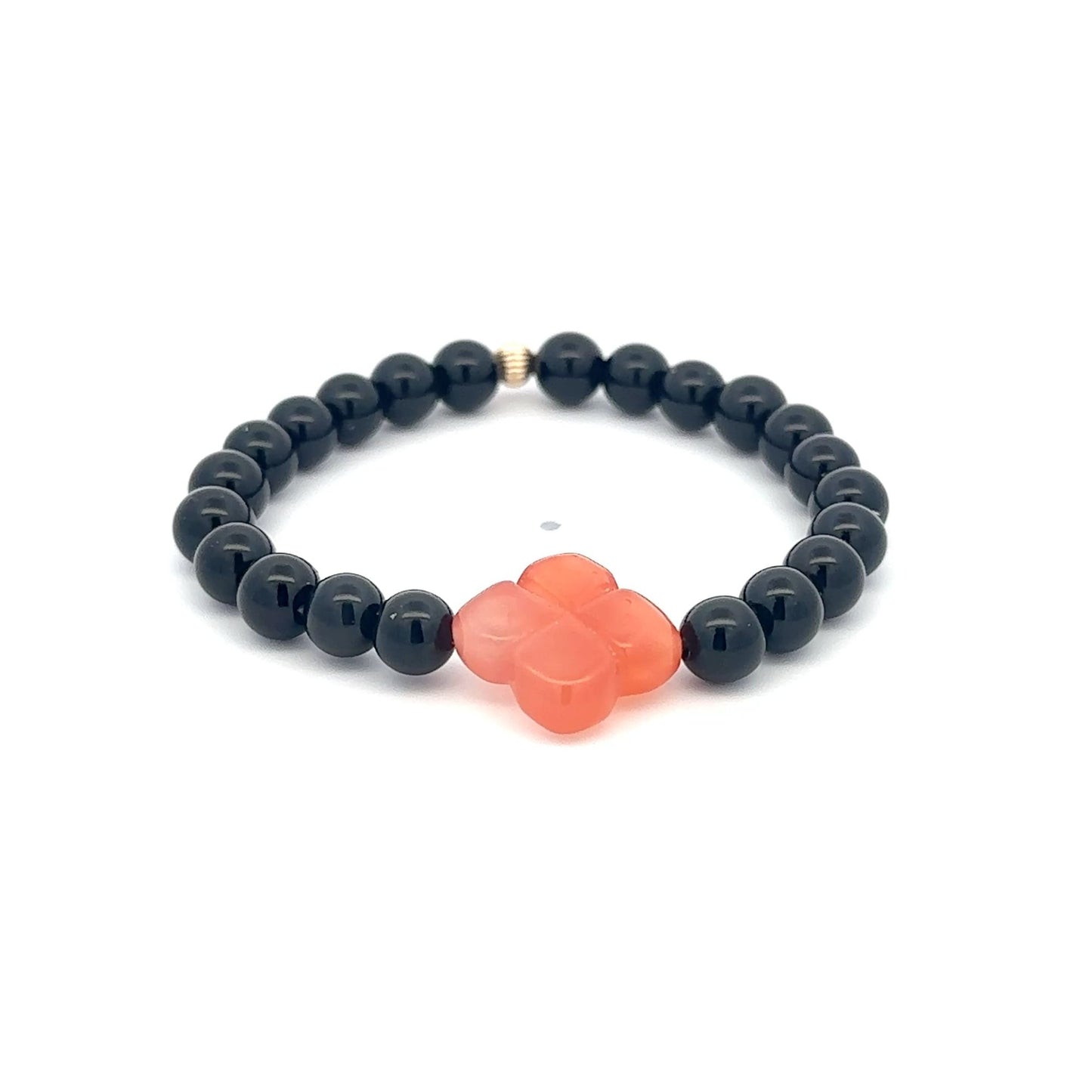 Natural Black Onyx Bracelet 6mm with Carved Carnelian Flower & 14k Gold Corrugated Bead, Red Carnelian Floral Gemstone Stretch Bracelet