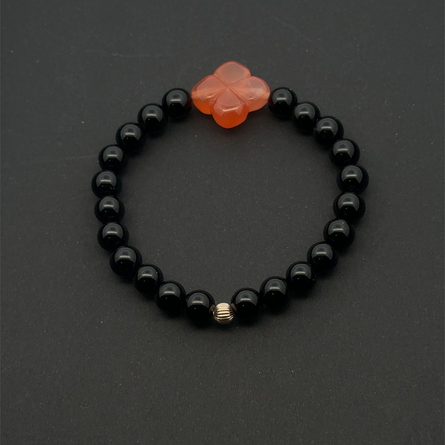 Natural Black Onyx Bracelet 6mm with Carved Carnelian Flower & 14k Gold Corrugated Bead, Red Carnelian Floral Gemstone Stretch Bracelet