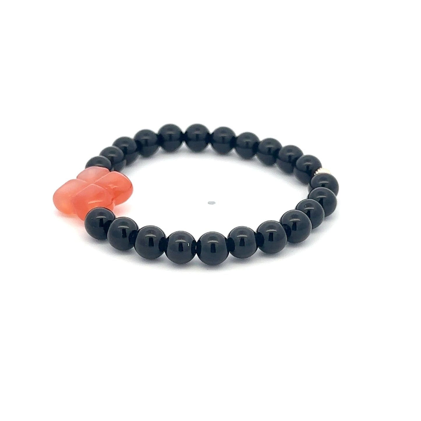 Natural Black Onyx Bracelet 6mm with Carved Carnelian Flower & 14k Gold Corrugated Bead, Red Carnelian Floral Gemstone Stretch Bracelet