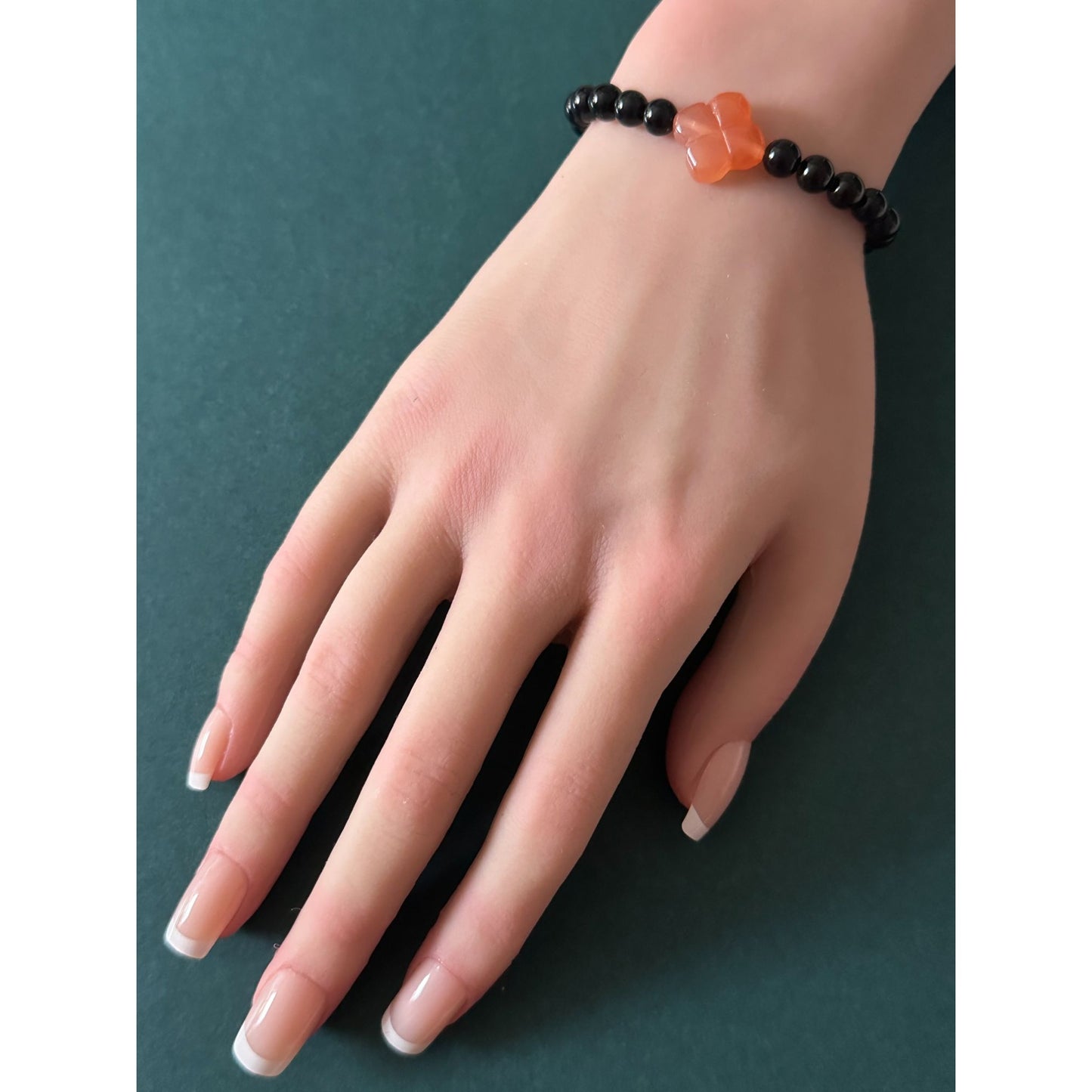 Natural Black Onyx Bracelet 6mm with Carved Carnelian Flower & 14k Gold Corrugated Bead, Red Carnelian Floral Gemstone Stretch Bracelet