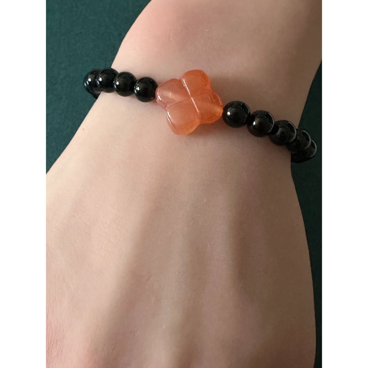 Natural Black Onyx Bracelet 6mm with Carved Carnelian Flower & 14k Gold Corrugated Bead, Red Carnelian Floral Gemstone Stretch Bracelet