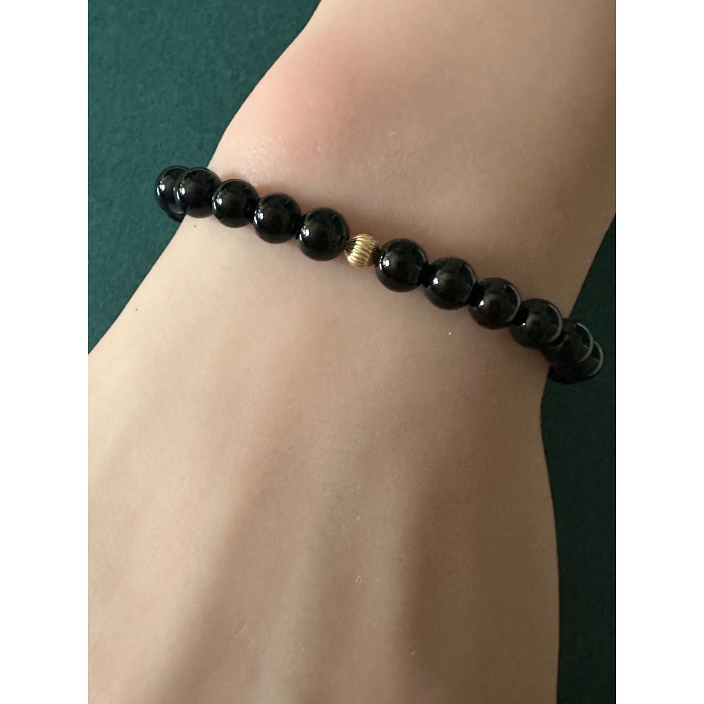 Natural Black Onyx Bracelet 6mm with Carved Carnelian Flower & 14k Gold Corrugated Bead, Red Carnelian Floral Gemstone Stretch Bracelet