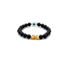 Load image into Gallery viewer, 18K Gold Pixiu Piyao Bracelet Natural Onyx Gemstones 6mm MOP Evil Eye
