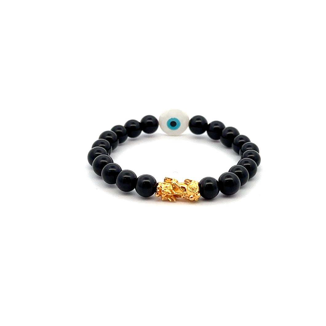 18K Gold Pixiu Piyao Bracelet Natural Onyx Gemstones 6mm MOP Evil Eye