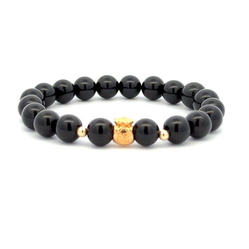 18K Gold Money Bag Lucky Charm Beads Bracelet Gemstones Obsidian 8mm - Rafant