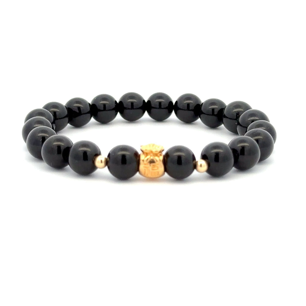 18K Gold Money Bag Lucky Charm Beads Bracelet Gemstones Obsidian 8mm - Rafant