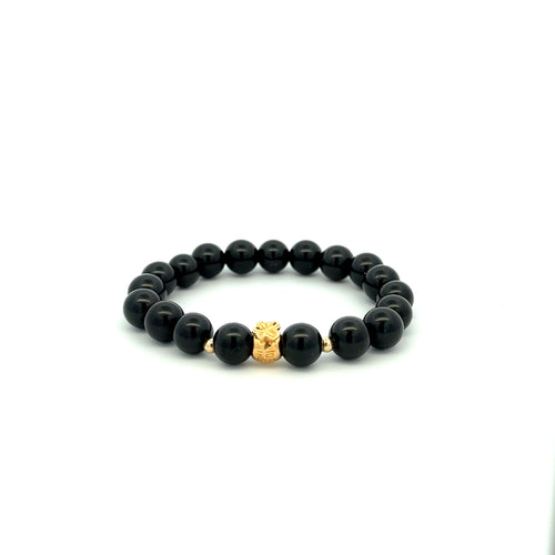 18K Gold Money Bag Lucky Bracelet Beads Gemstone Black Tourmaline 8mm - Rafant