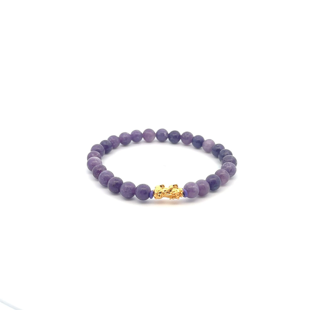 18K Gold Pixiu Piyao Lucky Charm Bracelet Natural Lilac Jade Gemstones 6mm