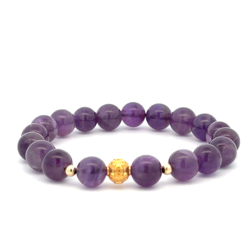 18K Gold Money Ball Lucky Charm Beads Bracelet Gemstones Amethyst 8mm - Rafant