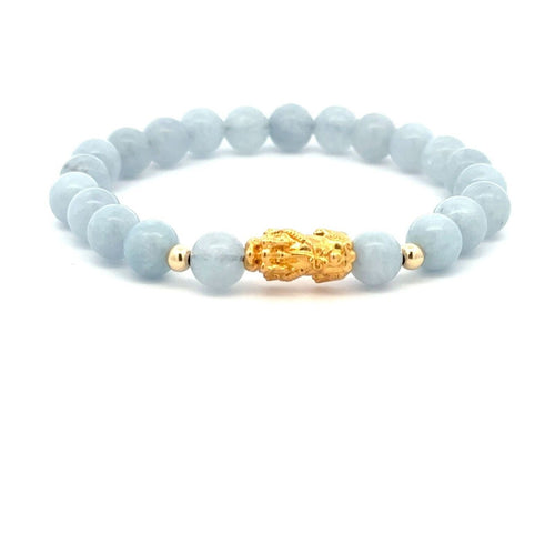 18K Gold Dragon Pixiu Piyao Lucky Charm Beads Bracelet Gemstones Aquamarine 6mm - Rafant