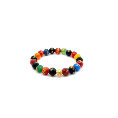 18K Gold Money Coin Ball Lucky Bracelet Gemstones Agate Multicolor 8mm - Rafant
