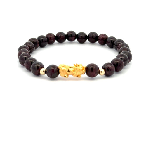 18K Gold Dragon Pixiu Piyao Lucky Charm Beads Bracelet Gemstones Garnet 6mm - Rafant