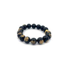 Load image into Gallery viewer, 24K Yellow Gold Money Bag Lucky Bracelet Carved Black Agate Gemstones 10mm - Rafant
