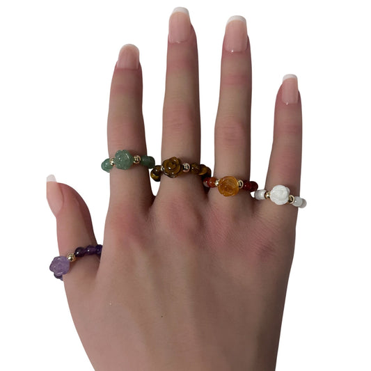 Natural Gemstone Flower and Beads Stretch Ring with 14K Gold Bead - Rafant