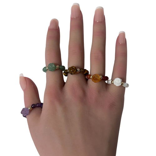 Natural Gemstone Flower and Beads Stretch Ring with 14K Gold Bead - Rafant