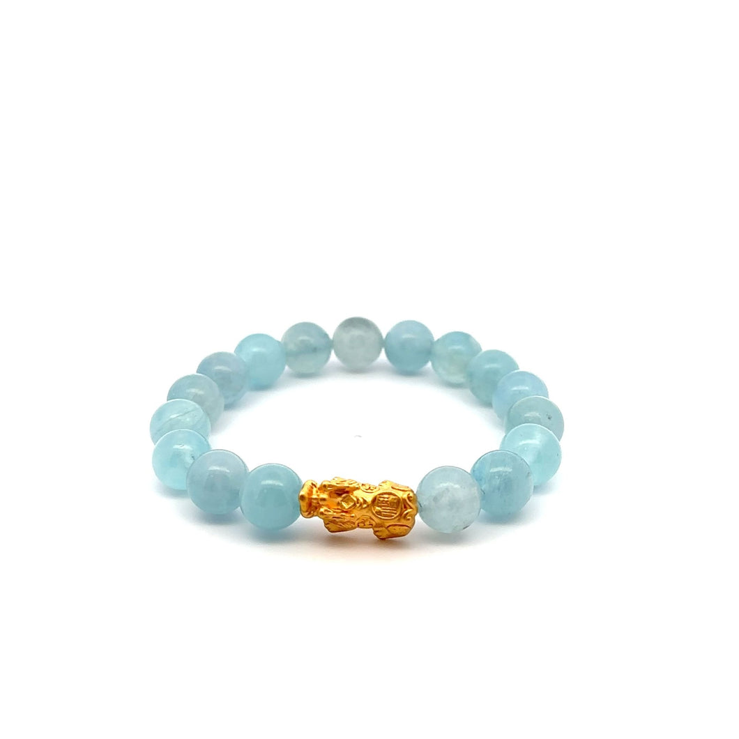 24K Gold Piyao Pixiu Lucky Charm Bracelet Aquamarine 10mm Size 6 inches