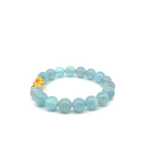 Load image into Gallery viewer, 24K Gold Piyao Pixiu Lucky Charm Bracelet Aquamarine 10mm Size 6 inches
