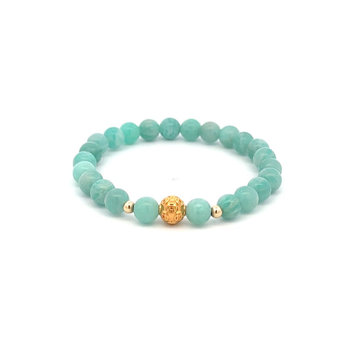 18K Gold Money Ball Lucky Charm Beads Bracelet Gemstones Amazonite Peru 6mm - Rafant