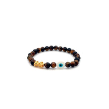 Load image into Gallery viewer, 18K Gold Pixiu Piyao Bracelet Natural Tiger&#39;s Eye Gemstones 6mm MOP Evil Eye
