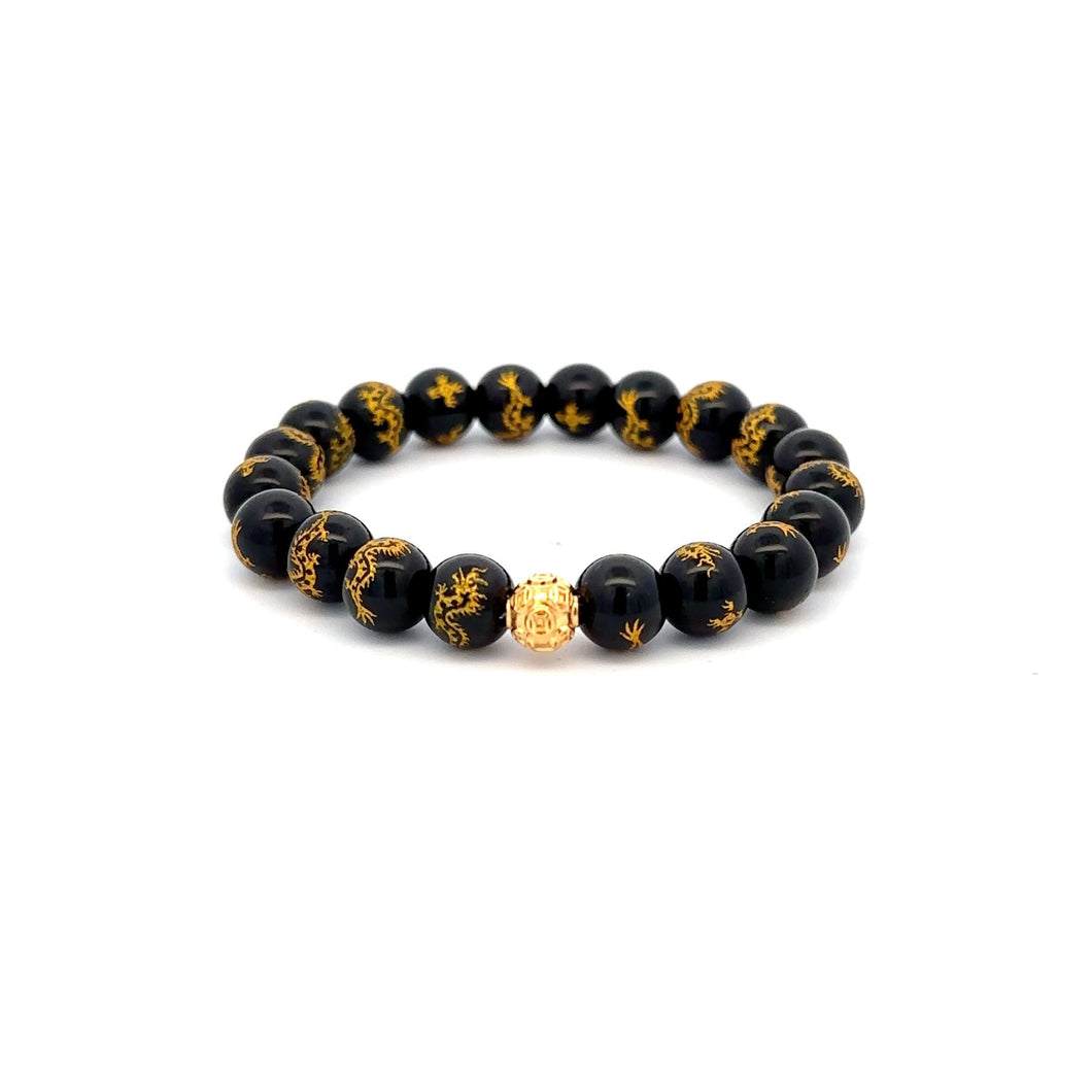 18K Gold Coin Ball Lucky Charm Bracelet Gemstones Black Agate 7.5-8mm - Rafant