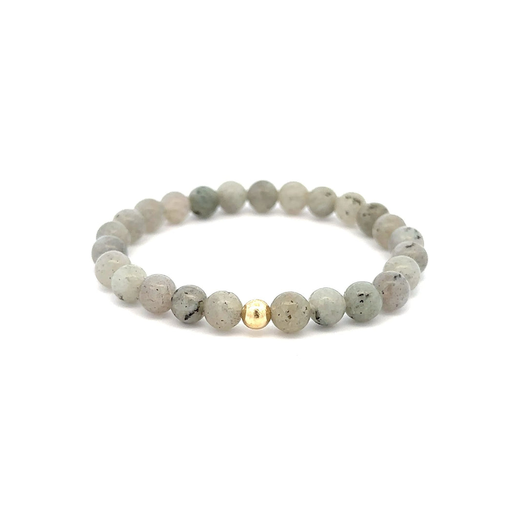 Natural Labradorite 6mm Stretchable Bracelet 18k Gold Bead Charm - Rafant